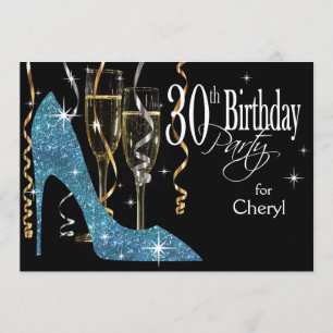 Invitation Glitter Stiletto Champagne 30e Anniversaire bleu b