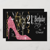 Invitation Glitter Stiletto Champagne Anniversaire 21 ans Ros (Devant / Derrière)