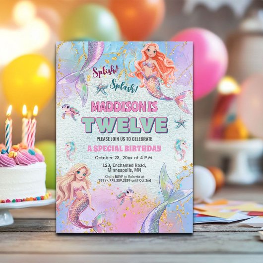 Invitation Glitter Under the Sea Mermaids 12th Birthday Party