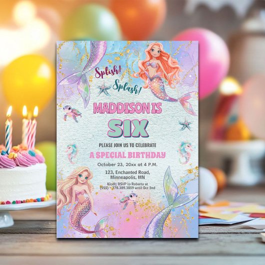 Invitation Glitter Under the Sea Mermaids 6th Birthday Party