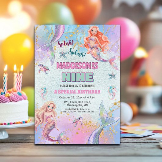 Invitation Glitter Under the Sea Mermaids 9th Birthday Party