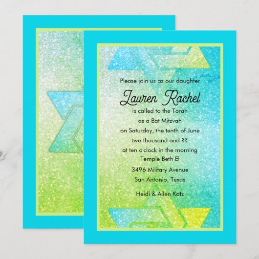 Invitation Glitterie Bat mitzvah de dégradé Turquoise Lime In (Devant / Derrière)