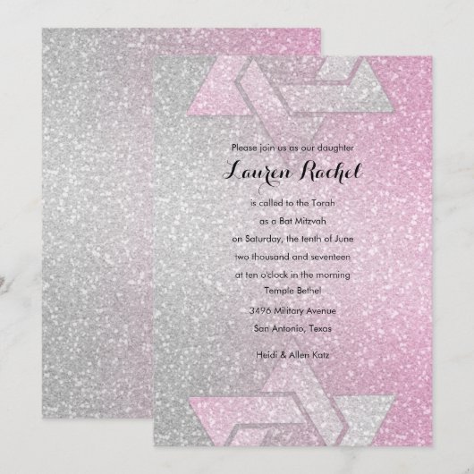 Invitation Glitterie Bat mitzvah rayonnant rose (Devant / Derrière)