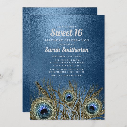 Invitation Glitterie Bleu Peacock Feathers Or Douce 16 (Devant / Derrière)