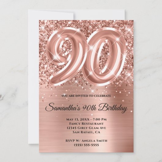 Invitation Glitterie brillant Rose or glam 90e anniversaire (Devant)