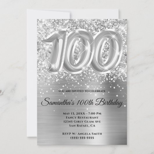 Invitation Glitterie brillante en argent 100e anniversaire (Devant)