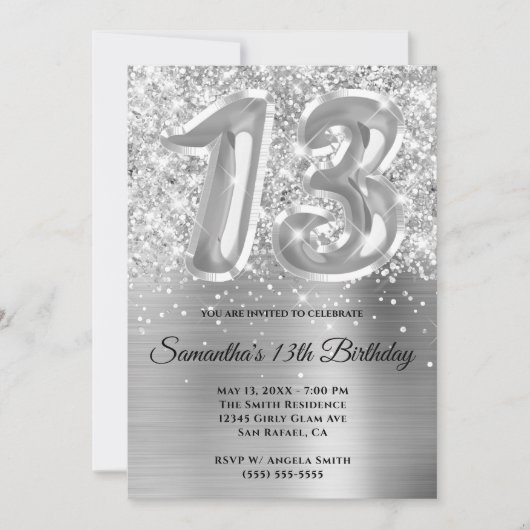 Invitation Glitterie brillante en argent 13e anniversaire (Devant)