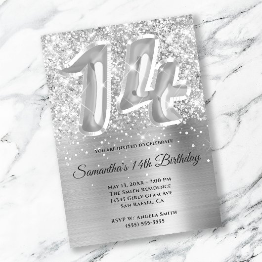 Invitation Glitterie brillante en argent 14e anniversaire