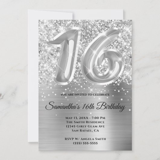 Invitation Glitterie brillante en argent 16e anniversaire (Devant)