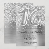 Invitation Glitterie brillante en argent 16e anniversaire (Devant / Derrière)