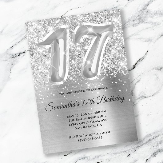 Invitation Glitterie brillante en argent 17e anniversaire