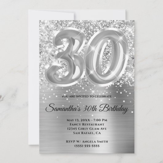 Invitation Glitterie brillante en argent 30e anniversaire (Devant)