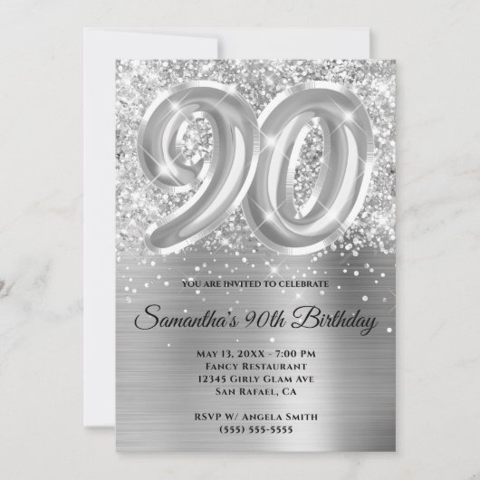 Invitation Glitterie brillante en argent 90e anniversaire (Devant)