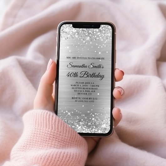 Invitation Glitterie broyée huile d'argent 40e anniversaire
