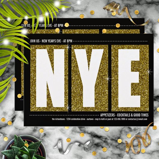 Invitation Glitterie d'or Soirée Cocktail de la Soirée du Nou