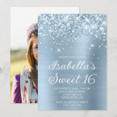 Invitation Glitterie Dusty Blue Foil Sweet 16 Photo (Devant / Derrière)