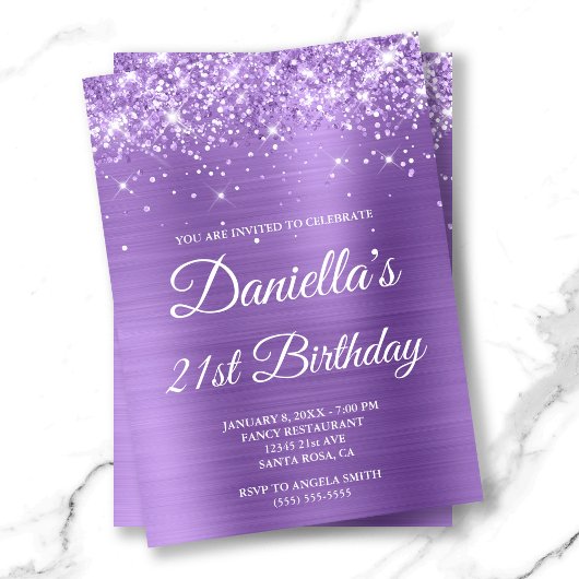 Invitation Glitterie légère Purple Foil 21e anniversaire