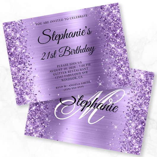 Invitation Glitterie Lumière Violet Monogramme Glam 21e anniv
