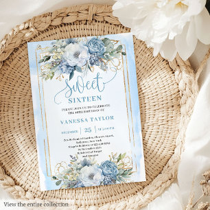 Invitation Glitterie Pastel Bleu Blancs pivoines Douce 16 Inv