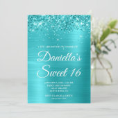 Invitation Glitterie Turquoise Bleu Métallique Douce 16 (Debout devant)