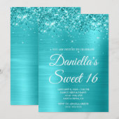 Invitation Glitterie Turquoise Bleu Métallique Douce 16 (Devant / Derrière)