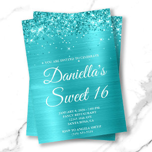 Invitation Glitterie Turquoise Bleu Métallique Douce 16