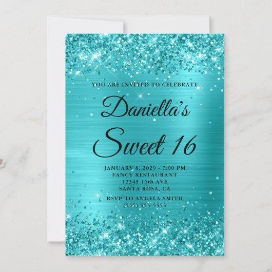 Invitation Glitterie Turquoise Blue Foil Sweet 16 (Devant)