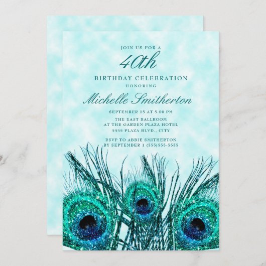 Invitation Glitterie Turquoise Peacock Feathers 40e (Devant / Derrière)