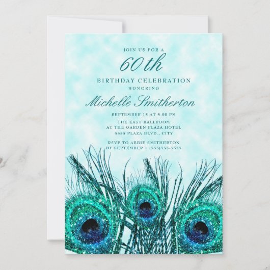 Invitation Glitterie Turquoise Peacock Feathers 60e anniversa (Devant)