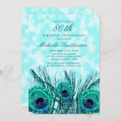 Invitation Glitterie Turquoise Peacock Feathers 80e anniversa (Devant / Derrière)