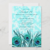 Invitation Glitterie Turquoise Peacock Feathers Sweet 16 (Devant)