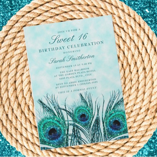 Invitation Glitterie Turquoise Peacock Feathers Sweet 16