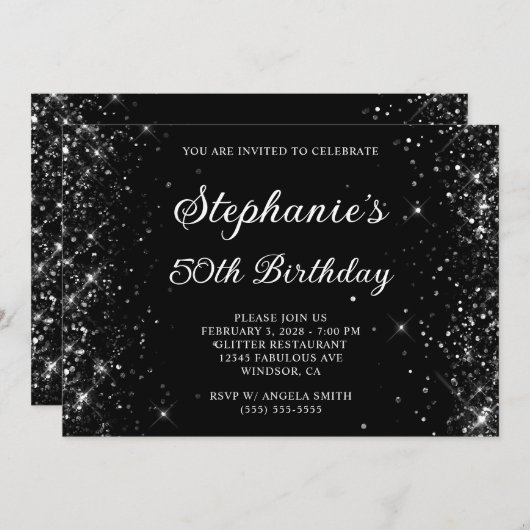 Invitation Glittery Black 50e anniversaire (Devant / Derrière)