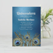 Invitation Glittery Blue Gold Peacock Feathers Quinceañera (Debout devant)