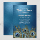 Invitation Glittery Blue Gold Peacock Feathers Quinceañera (Devant / Derrière)