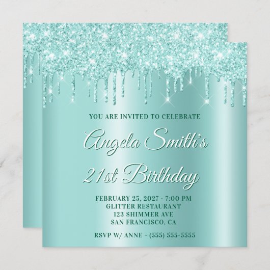 Invitation Glittery Drips Light Teal Ombre Drop Shadow (Devant / Derrière)