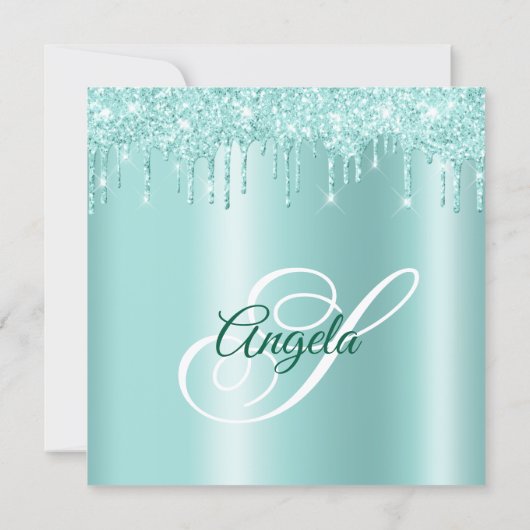 Invitation Glittery Drips Light Teal Ombre Drop Shadow (Dos)