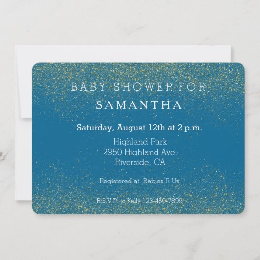 Invitation Glittery Gold et baby shower bleu turquoise (Devant)