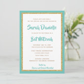 Invitation Glittery Gold et Turquoise Bat mitzvah encadré (Debout devant)