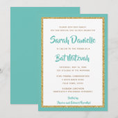 Invitation Glittery Gold et Turquoise Bat mitzvah encadré (Devant / Derrière)