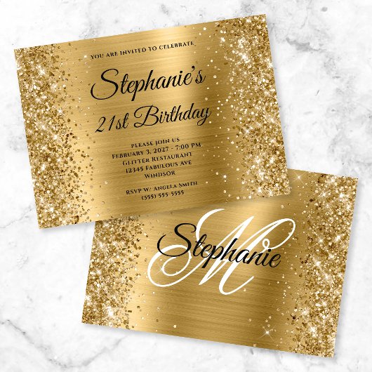 Invitation Glittery Gold Foil Fancy Monogramme 21e anniversai