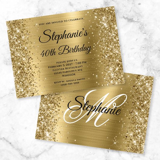 Invitation Glittery Gold Foil Fancy Monogramme 40e anniversai