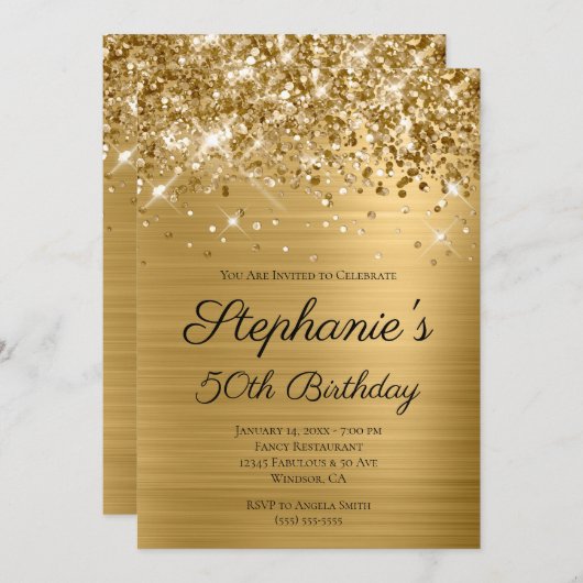 Invitation Glittery Gold Foil Script élégant 50e anniversaire (Devant / Derrière)
