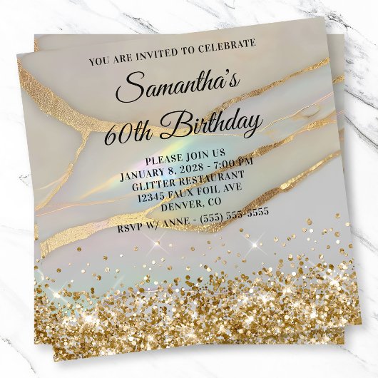 Invitation Glittery Gold Marbled Opal 60e anniversaire