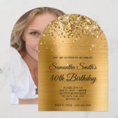 Invitation Glittery Gold Metallic Photo 40th Birthday (Devant / Derrière)