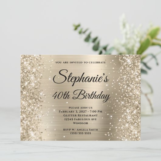 Invitation Glittery Pale Gold Fancy Monogramme 40e anniversai (Debout devant)