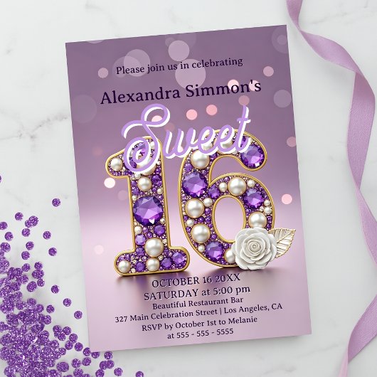 Invitation Glittery Purple Gemstone & Pearl Sweet 16 Annivers