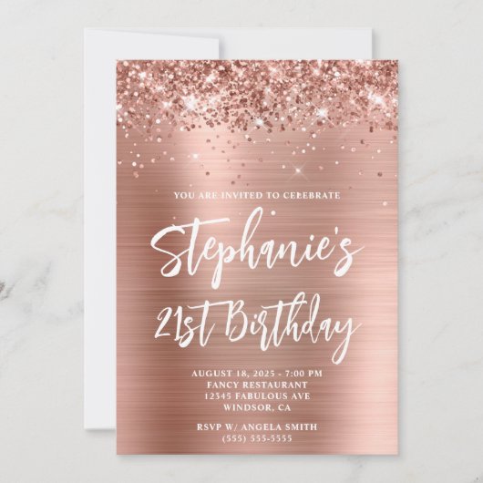 Invitation Glittery Rose Gold Foil Bold 21e anniversaire (Devant)