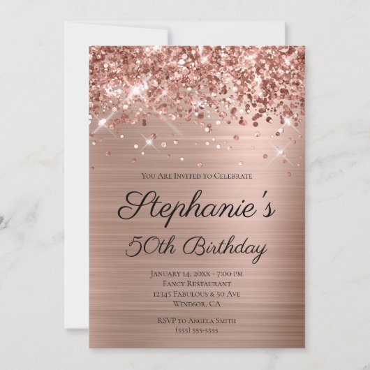 Invitation Glittery Rose Gold Foil Elégant 50e anniversaire (Devant)