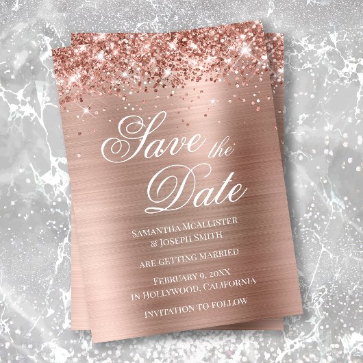 Invitation Glittery Rose Gold Foil Enregistrer la date